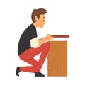 Man Assembling and Installing Wooden Nightstand, Manual Furniture Assembly Vector Illustration