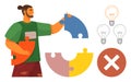 Man Assembling Puzzle Pieces with Light Bulbs and Error Symbol Representing Solutions and Mistakes Royalty Free Stock Photo
