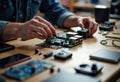 Technician assembling a single-board computer or microcontroller on a wooden desk Royalty Free Stock Photo