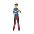 Man Assembling Wooden Stool with Drill, Manual Furniture Assembly Vector Illustration Royalty Free Stock Photo