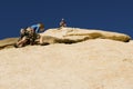 Man Assisting Friend Climbing Rock Against Blue Sky Royalty Free Stock Photo