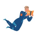 Man Astronaut Character in Space Flying in the Air Reading Book Vector Illustration