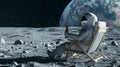 A man in an astronaut suit sitting on the moon holding a beer, AI