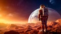 Man in astronaut suit standing on top of rocky surface in front of planet. Generative AI Royalty Free Stock Photo