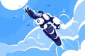 Man astronaut super hero spacesuit flying in sky.