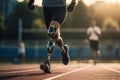 Man or athlete in prosthetics running in stadium. A sportsman with prosthetic legs takes part in a running competition