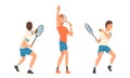 Man Athlete with Racket Playing Tennis in Pose for Striking Ball Vector Set