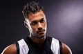 Man, athlete and thinking confidence for exercise as basketball player or professional, pride or black background. Male Royalty Free Stock Photo