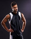 Man, athlete and thinking confidence in studio as basketball player or professional workout, pride or black background Royalty Free Stock Photo