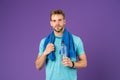 Man athletic hold water bottle. Handsome athlete drink water. Water balance. Sport for better life. Thirsty man. Athlete Royalty Free Stock Photo