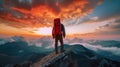 The man atop the red mountain gazed at the setting sun and orange clouds with a backpack. Serenity abounds. Generative AI