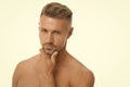 Man attractive well groomed facial hair. Barber shop concept. Man mature good looking model. Muscular chest smooth skin