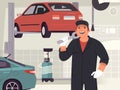 Man auto mechanic in front of a car service or auto repair shop. Character of a smiling guy with a wrench. Vector illustration Royalty Free Stock Photo