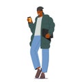 Man In Autumn Attire Holds A Coffee Cup And Carries A Bag. Male Character Exuding A Cozy And Stylish Vibe