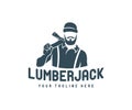 Man with an ax, lumberjack with a beard and mustache, in a knitted hat, logo design. Logger, woodsman, lumberman and hipster, vect Royalty Free Stock Photo