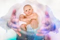 Man with baby between his hands - clone concept Royalty Free Stock Photo