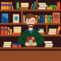 Man on background with bookcase. Librarian or bookstore seller