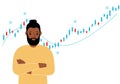 A man on the background of a Forex chart. Conceptual illustration on the topic of strategic planning in trading on the