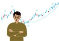 A man on the background of a Forex chart. Conceptual illustration on the topic of strategic planning in trading on the
