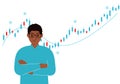 A man on the background of a Forex chart. Conceptual illustration on the topic of strategic planning in trading on the