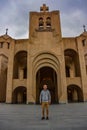 A man on the background of St. Gregory the Illuminator Church in the center of Yerevan, May 2, 2019. Armenia. Royalty Free Stock Photo