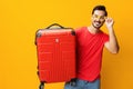 Man background suitcase traveler journey trip happy baggage studio vacation flight travel Royalty Free Stock Photo