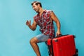 Guy man journey trip weekend happy studio travel suitcase background vacation traveler baggage flight Royalty Free Stock Photo