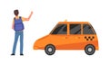 Man with backpack catching taxi cartoon vector illustration