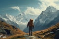 A man with a backpack follows a mountain trail as he hikes upwards, Hiker walking to mountains, AI Generated Royalty Free Stock Photo