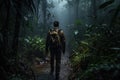 Man with backpack hiking in the jungle. Adventure and travel concept, Male Hiker walking through a dense dark jungle, rear view,