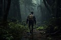 Man with backpack hiking in the rain forest. Adventure and travel concept, Male Hiker walking through a dense dark jungle, rear