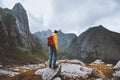 Man with backpack hiking solo in Norway mountains travel vacations outdoor adventure