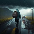 Man with a backpack on his back walks along the road in the rain AI Generated Royalty Free Stock Photo