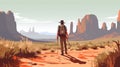 man backpack landscape walking desert footprint travel trek hike adventure journey. Generative AI.