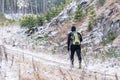 A man with a backpack with Scandinavian sticks goes uphill through the winter forest