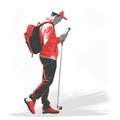 Man with Backpack and Ski Pole Looking in Smartphone Royalty Free Stock Photo