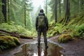 A man with a backpack standing in a forest. Generative AI image. Royalty Free Stock Photo