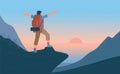 Man with backpack standing of mountain arms outstretched and looking on sea, sunrise. Concept of hiking, adventure