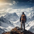 man with backpack standing on mountain peak Royalty Free Stock Photo