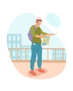 Man with backpack standing outside, holding map. Sightseeing concept