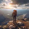 Man with backpack standing on the top of a mountain overlooking a stunning view