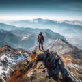 Man with backpack standing on the top of a mountain overlooking a stunning view