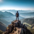 Man with backpack standing on the top of a mountain overlooking a stunning view