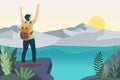 Man with backpack, traveler or explorer standing on top of mountain or cliff and looking on valley. Concept of discovery, Royalty Free Stock Photo