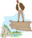 Man with backpack, traveller or explorer standing on top of mountain or cliff and looking on valley Royalty Free Stock Photo