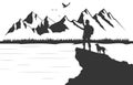 Man with backpack, traveller or explorer standing on top of mountain or cliff and looking on valley. Concept of