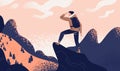 Man with backpack, traveller or explorer standing on top of mountain or cliff and looking on valley. Concept of