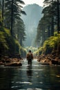 A man with a backpack walking across a river. AI. Royalty Free Stock Photo