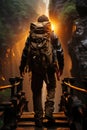 A man with a backpack walking on a bridge in the mountains. Generative AI image. Royalty Free Stock Photo