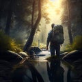 a man with a backpack walking through a forest Royalty Free Stock Photo